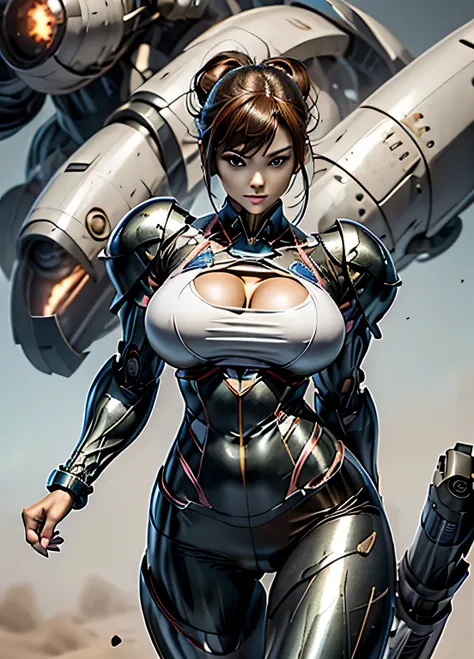 female robocop solo、rough skin, Super detailed, advanced details, high quality, 最high quality, High resolution, 1080p, hard disk, beautiful,(cyborg),(Missiles from the chest),(Machine gun from both hands),beautifulcyborgの女性,メカcyborg少女,battle mode,Mecha bod...