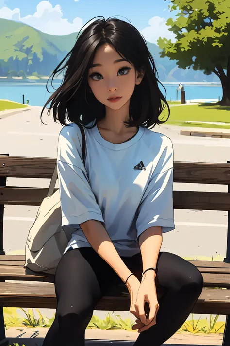 Animated woman drinking a drink sitting on a park bench on a warm afternoon with a lake visible in the distance, Realistic beauty illustration, Animated woman drinks energy drink, with a drink, beautiful picture style, realistic art style, Realistic anime ...