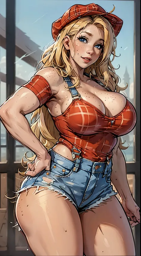 Best quality, solo mature woman, giant breasts, giant ass, very curvy, dark skin, ginger curly hair tied up, ocean blue eyes, full lips, seductive, smiling, red flannel shirt tied short, jean shorts, farmer hat, denim overalls, freckles, thick thighs, curv...