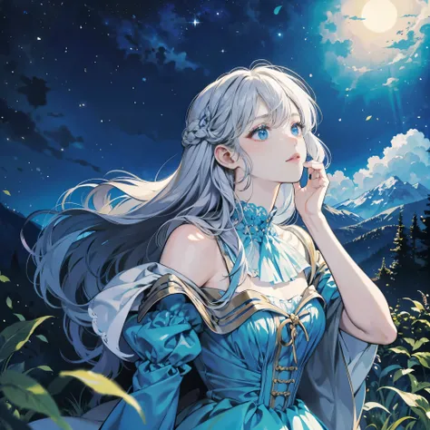 masutepiece, Best Quality, Marianne_timeskip, Blue Dress, Capelet, Dark alpine forest, Standing, Night, Looking Up, Upper body, Detailed face 