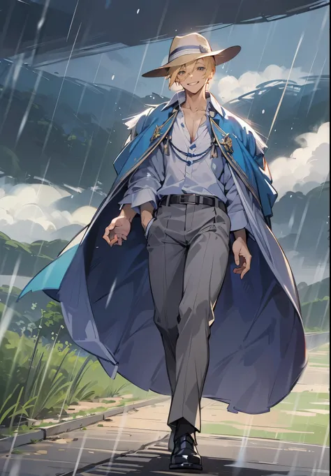 1male, Adult, Blue Skin Color, Finely Detailed Grey Eyes, Blonde Hair, Short Undercut Hair, Valley, Cloudy Sky, Raining, Walking on Path, Grin, Sophisticated Fedora, Loose Long V-Neck Shirt, Long Poncho, Black Pants, Magicians Clothing