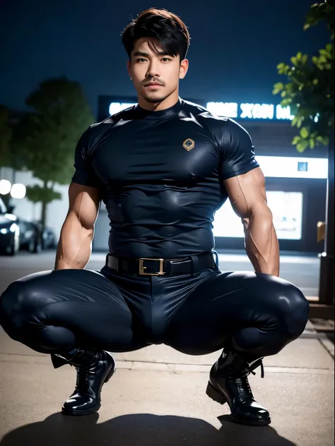 20-year-old boy ,Korean male officer ,thick mustache..., hairy and handsome ,Wear a dark navy police shirt...............,big butt cheek, hair legs and hairly asshole, Black boots and dark navy gloves.,sit on the ground , His legs spread apart................