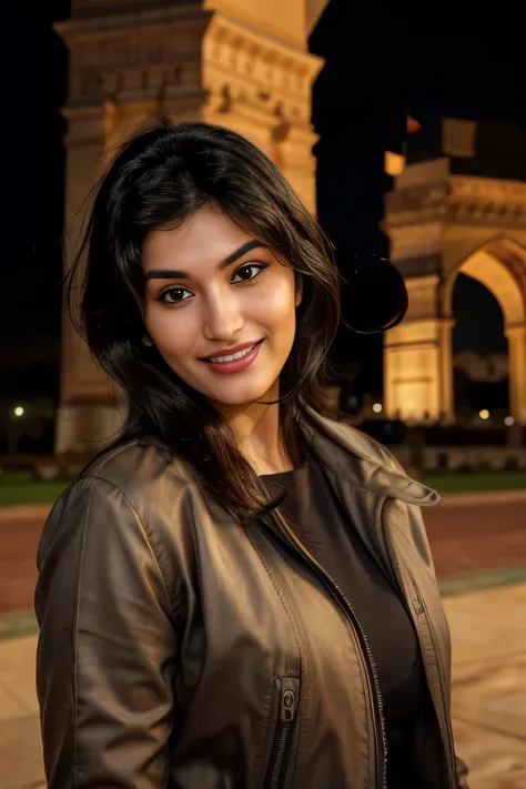 realistic photo of (yaelaris: gr4c3f:0.5)  in jacket on top ,( india gate background), playful smile, beautiful face, furious da...