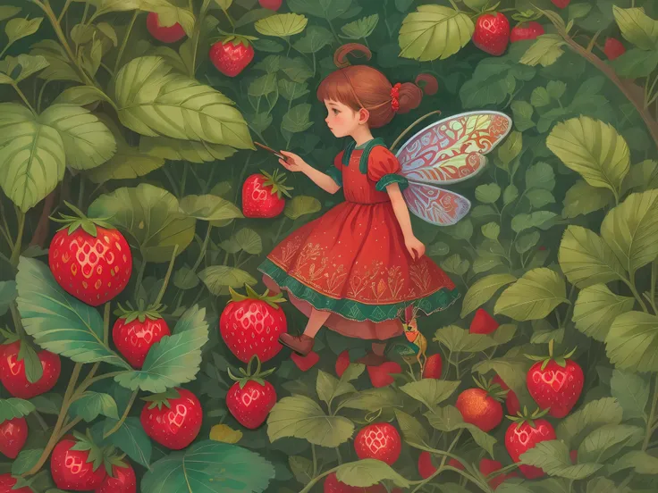 Whimsical and fantastical illustration of a tiny girl riding a grasshopper through giant strawberry bushes, inspired by Russian fairy tales, intricate details and vibrant colors, (long shot), digital painting in the style of Ivan Bilibin