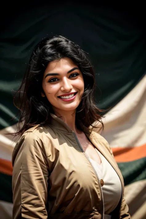 realistic photo of (yaelaris: gr4c3f:0.5)  in jacket on top ,( indian flag background), playful smile, beautiful face, furious d...