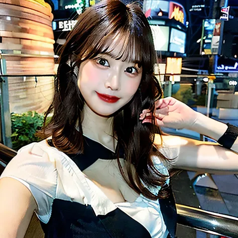 ((highest quality, 8k, masterpiece :1.3)), 3 people,smile.whole body, sharp focus :1.2, beautiful woman with perfect figure :1.4, thin abs :1.2, ((dark brown hair:1.2)), body dress :1.1, (city night view, modern balcony :1.1), Highly detailed face and skin...