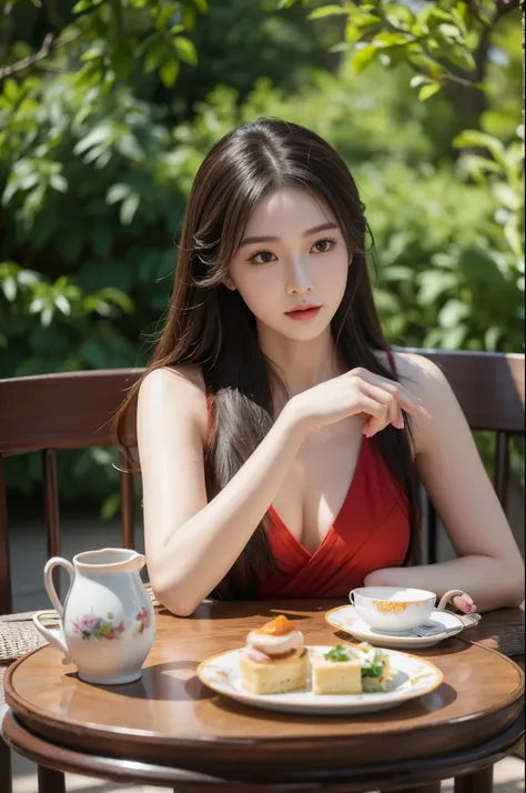 a woman sitting at the table, Enjoying Western afternoon tea, inspired by Huang Jiqis artwork, on Douban, Tachisme, Dilireba, Xintong Chen, an 8K selfie, Cai Xukun, Fan Bingbing, yanjun chengt, glamorous Chinese model, chengyou liu, wenfei ye.(best quality...