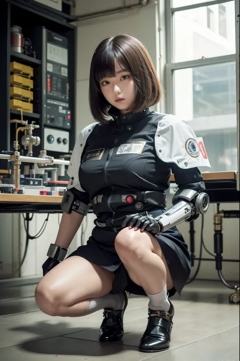 masterpiece, best quality, extremely detailed,8kportrait,Japaese android Girl,Plump , control panels,Mechanical Hand, ,Robot arms and legs, Blunt bangs,future laboratory,charging spot,sit on the floor,stretch her legs,high socks