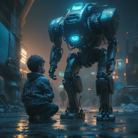 Theres a boy whos kneeling with a robot, de um filme 2 0 1 9 sci fi 8k,  meets robot, Pino Daeni e Dan Mumford, por beeple, cinematic beeple, depicted as a scifi scene, Retro Sci - Imagem de FI, Imagem absolutamente excepcional, 8K Cinematic Photography, c...