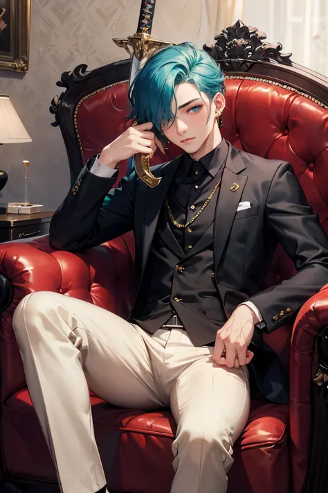 portrait of european man ,solo,20yo,handsome face,lean body,hair over one eye,medium sidecut, sharp focus,black business suit,aqua hair,blue eyes, black well fitted suit , Gold Chains, 3 gold stud earrings , sitting on black couch, holding a sword, Masterp...