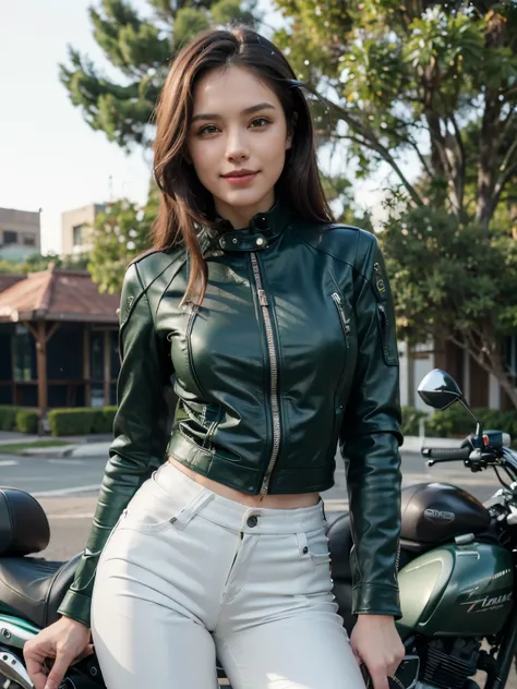 ((best quality)), ((masterpiece)), ((perfect face))、（detailed motorcycle）、Detailed and clear photos、((bike girls))、slender body、((Dark green long sleeve riding jacket and white leather pants))、smile、((posing next to a motorcycle))、short hair
