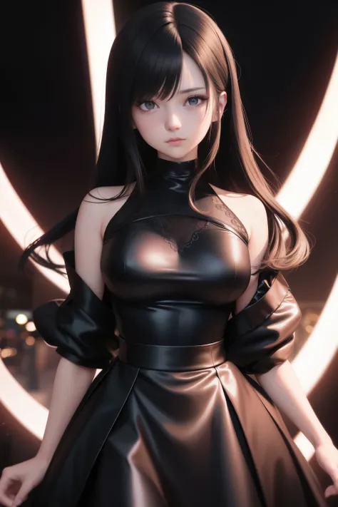 Anime girl in black dress posing in front of a neon light., chica anime con un vestido negro, 8K high quality detailed art, extremely detailed artistic germ, render fotorrealista de chica anime, estilo animado. 8K, estilo animadod 3d, retrato de tifa lockh...