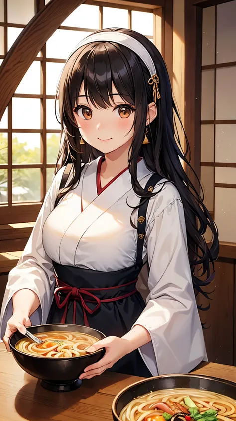 Masterpiece, high quality, (Young Japanese girl:1.35), Brown Eyes, black hair, curly hair, long hair, smile, (cute medieval folk peasant dress), (a bowl of ramen), blush, smiley, happy, hair tie, white hairband, earrings, crystal earrings, Romanticism, fir...