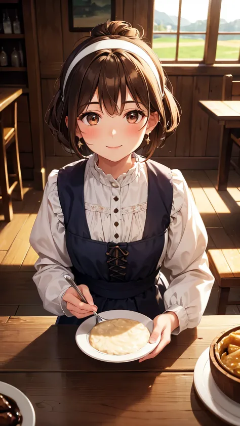 Masterpiece, high quality, (Young English girl:1.35), Brown Eyes, brown hair, two bride hair bun, short hair, smile, (cute medieval folk peasant dress), (a plate of porridge and butter), blush, smiley, happy, hair tie, white hairband, earrings, crystal ear...