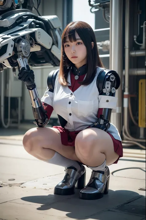 masterpiece, best quality, extremely detailed, Japanese android girl,Plump ,laboratory,android assembly plant,control panels,Squat,Mechanical Hand,Robot arms and legs, robot body,socks,blunt bangs,skirt