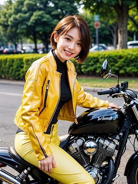 ((best quality)), ((masterpiece)), ((perfect face))、（detailed motorcycle）、Detailed and clear photos、((bike girls))、slender body、((Lemon yellow long sleeve riding jacket and leather pants))、smile、((posing next to a motorcycle))、short hair
