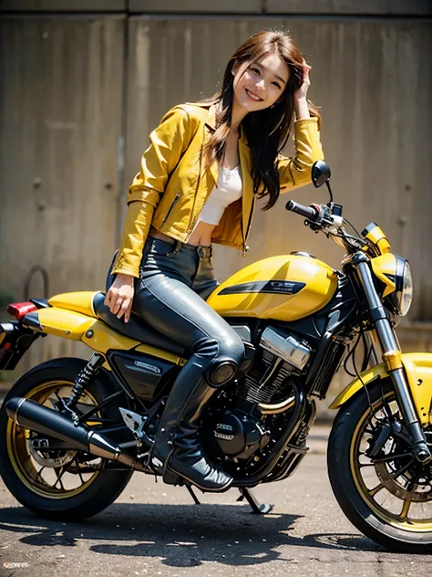 ((best quality)), ((masterpiece)), ((perfect face))、（detailed motorcycle）、Detailed and clear photos、((bike girls))、slender body、((Yellow riding jacket and leather pants))、smile、((posing next to a motorcycle))、((riding boots))
