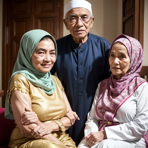 "A happy family photo, Father is 90 years old, Mother is 85 years old, One daughter is 40 years old, A father dressed in traditional Indonesian attire, Mother and daughter wearing white gowns and hijabs, Against a background of the family living room, Arti...