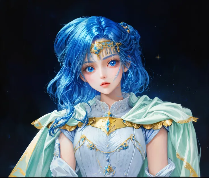 absurdres, highres, ultra detailed), 1 girl, young , beautiful girl character from ps1 game tear ring saga, detailed blue hair with ornaments, anime eyes, bangs, detailed Lady Knight clothes with white cape with little gold details showing, 