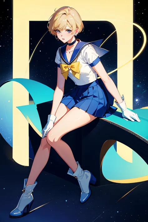 sailor uranus,1girl,blonde hair,blue choker,blue footwear,blue sailor collar,blue skirt,boots,choker,circlet,earrings,gloves,jew...