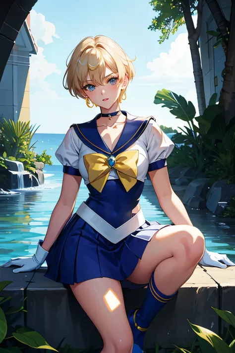 Sailor Uranus,1girl,blonde hair,blue choker,blue footwear,blue sailor collar,blue skirt,boots,choker,circlet,earrings,gloves,jewelry,magical girl,plant,sailor collar,sailor mercury,sailor senshi uniform,sailor uranus,short hair,skirt,solo,star choker,tiara...