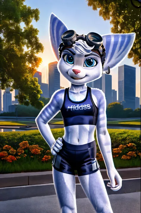 Rivet, furry girl, young,adidas nylon gym shorts, adidas nylon sports bra , adidas sports shoues, city park, evening sun, detailed body fur, detailed body, detailed eyes, detailed face, wet fur, skinny, high quality, masterpiece, small breasts, goggles, :D...