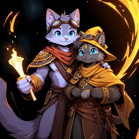 cat, male, wizard, gray fur, tall, dark purple and yellow robe, blue eyes, goggles