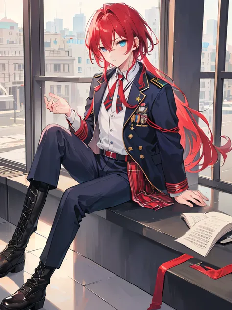 ((a boy)), winered hair, cyan eyes, ((idol costume)), ((boys&#39; school uniforms)), long boots, ((beautiful boy)), ((individual)), ((military jacket))