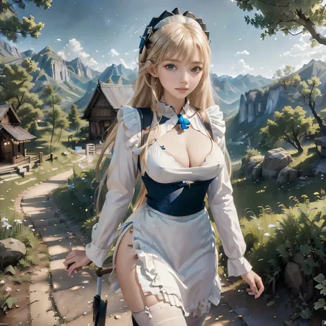 ((masterpiece)), ((best quality)), ((highres)), ((detailed background)), ((extremely detailed CG unity 8k wallpaper)), solo, shiona, blonde hair, long hair, blue eyes, hair tuft, cowboy shot, outdoors, ((maid outfit))