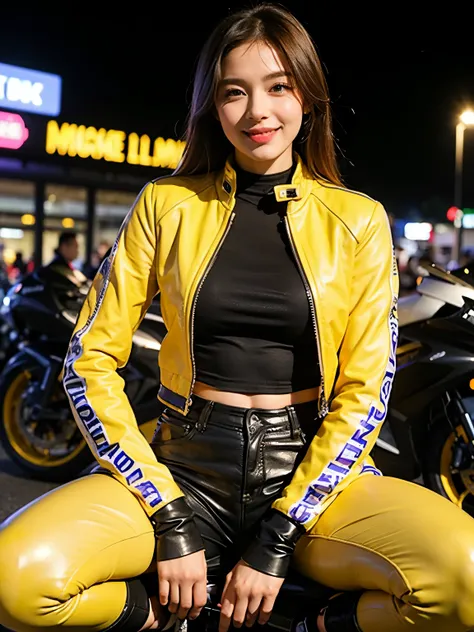 ((best quality)), ((masterpiece)), ((perfect face))、（detailed full cowl motorcycle）、Detailed and clear photos、((bike girls))、((slender body))、((Pastel yellow long sleeve riding jacket and leather pants))、smile、((posing next to a motorcycle))、(Racing Boots)...