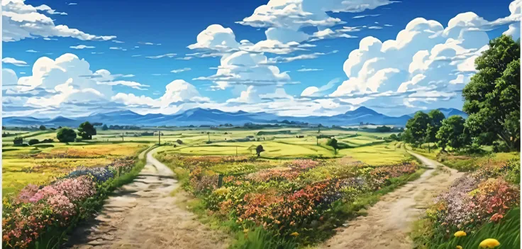 Photo of a dirt road leading to a flowering field, anime countryside scenery, anime scenery, anime scenery, beautiful anime scenery, anime scenery wallpaper, landscape artwork, beautiful anime scene, anime background, Scenery of Studio Ghibli, Beautiful pe...