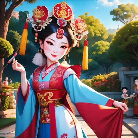 cantonese opera cartoon characters，in the garden（（（masterpiece）））， （（best quality））， （（intricate details））（8k）