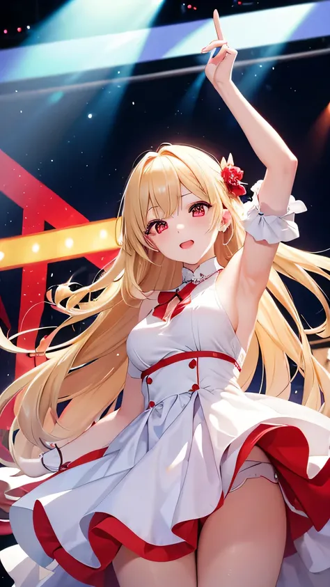 blonde, Red-eyed beauty、sing on a large live stage、pure white dress、flashy stage