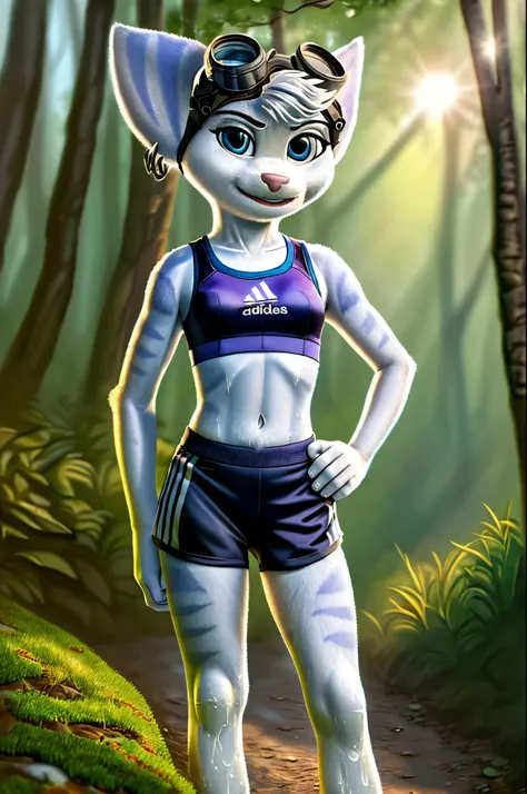 Rivet, furry girl, young,adidas nylon gym shorts, adidas nylon sports bra , adidas sports shoues, forest trail, morning sun, detailed body fur, detailed body, detailed eyes, detailed face, wet fur, skinny, high quality, masterpiece, small breasts, goggles,...