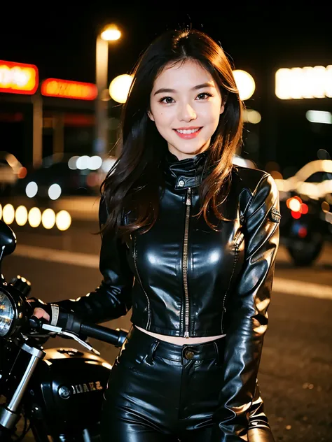 ((best quality)), ((masterpiece)), ((perfect face))、（detailed full cowl motorcycle）、Detailed and clear photos、((bike girls))、((slender body))、((Long sleeve riding jacket and leather pants))、smile、((posing next to a motorcycle))、(Racing Boots)
