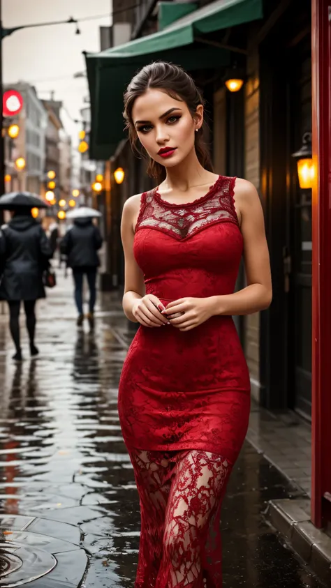 (best quality,8k,lace maxi dress,standing in the rain,red light district,highly detailed face and skin texture,detailed eyes,dou...