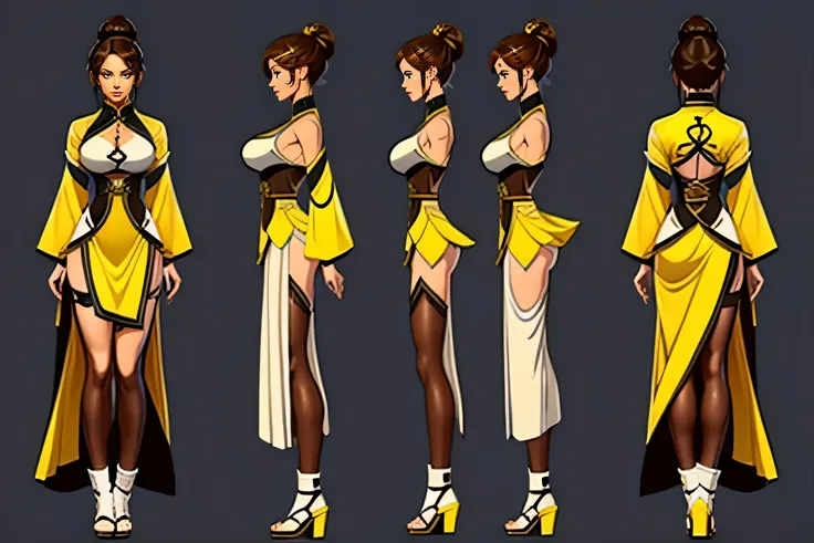 ((three sided view,full body lesbian,background,multiple views,high resolution)),Close-up of a woman, Green eyes and brown hair, Wearing a yellow and white dress, martial arts heroine,   New clothing concept design, blade and soul style, full body characte...