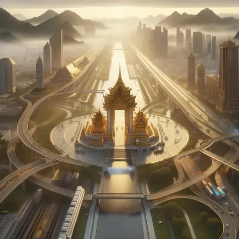 A grand, Thai-style Victory Gate stands tall in the heart of the futuristic city, amidst mountains and mist. Elevated walkways, a gold white-toned metro, and a river dividing the city, with an underground water passage below. The image is rendered with rea...