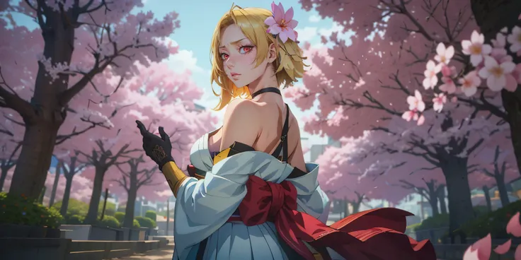 solo focus, solo, (blonde hair:1.7), red eyes, 1girl, tree, cherry_blossoms, hair_ornament, flower, solo, breasts, looking_at_viewer, hair_flower, looking_back, bare_shoulders, detached_sleeves, outdoors, tree_branch, large_breasts, day, petals, gloves, ch...