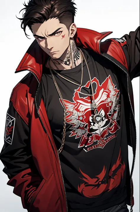 young guy, he prefers to wear casual clothes, in which shades of red predominate. Numerous tattoos of various themes are visible on his body - from abstract patterns to symbols of strength and rebellion.. dark hair. athletic. A pendant or chain can hang ar...