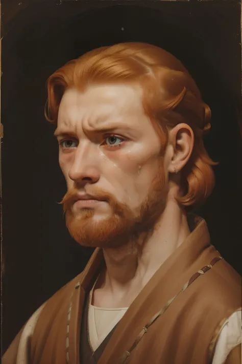 England, 1337. A young ((((16-year-old)) Wulfric)), rustic man, strong, angular features, serious, kind, indoors, staring at a tragic disaster in ((shock and horror expression)), ((crying big tears)). ((((clothings from the 1300s)))), ((ginger hairstyle of...