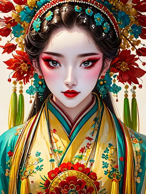 (masterpiece, best quality:1.2),1 girl,beautiful，portrait，look at the camera，landscape on hair，landscape，hanfu，skin details， alo...