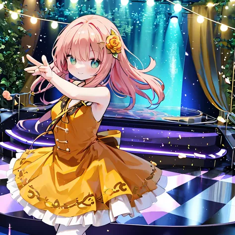 danceホール、orange and brown image、dance alone、orange dress、the dress spreads、dance alone on stage、Spotlight、mysterious girl、beautiful rose hair ornament、Stage curtain、courtesy、very beautiful girl、Beautiful smile、Hair moves、dance、Real Illustration、3D