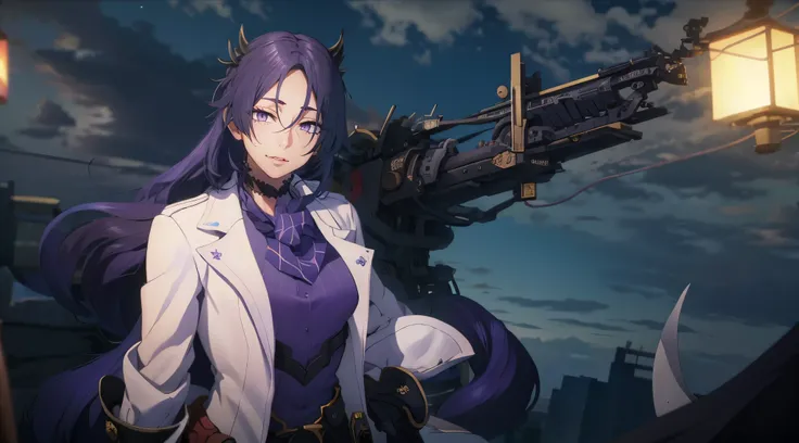 hmmr1, minamoto no raikou (fate), (dark-purple hair, long hair:1.7), purple eyes,,1girl, long_hair, lamppost, night, gloves, belt, building, solo, outdoors, black_hair, red_gloves, blurry_background, necktie, brown_eyes, breasts, night_sky, bangs, cityscap...