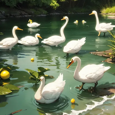 All frogs dance with some lemon and other swans infront river