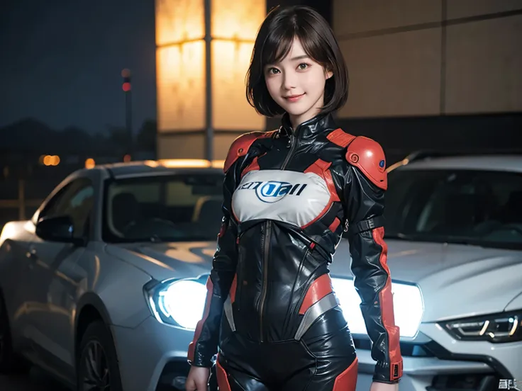 162
Shorthair,  (a 20 yo woman, standing), A hyper-realistic, gentle smile, sci-fi cool suit, (口紅)
