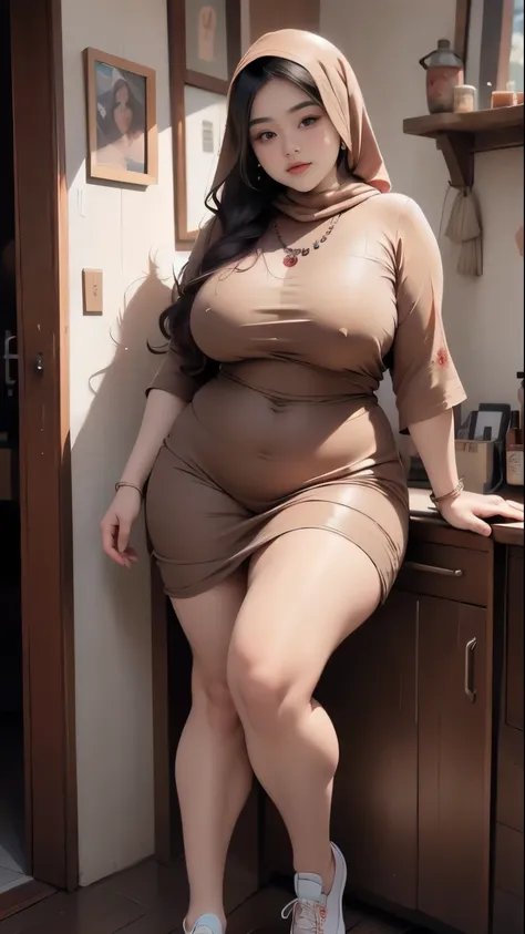 ((best quality)), ((masterpiece)), (detailed), perfect face, araffe woman thick and thight long pants posing for a picture, curvy model,, curvy hourglass figure, sexy longest hand t-shirt, thicc, beautiful full body shot, soft curvy shape, in a longest han...