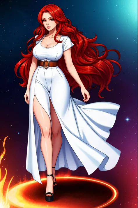 full body shot, woman with long red hair wearing a white top, rusty colored long hair, long glowing ethereal hair,  very long wavy fiery red hair