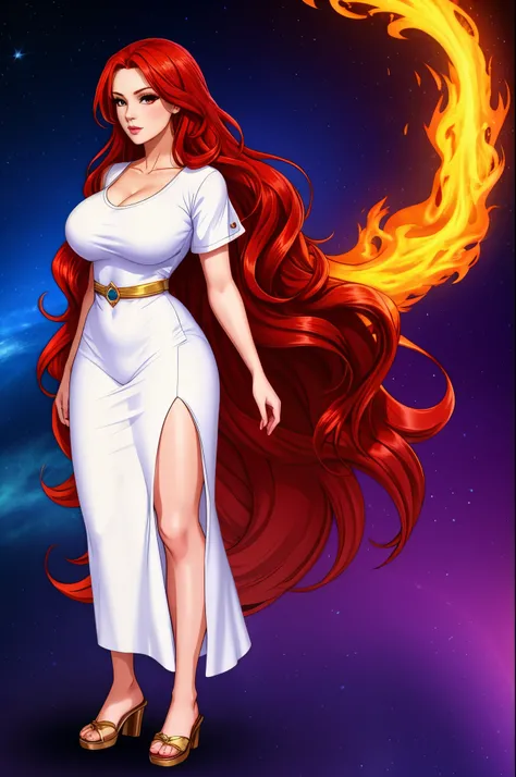 full body shot, woman with long red hair wearing a white top, rusty colored long hair, long glowing ethereal hair,  very long wavy fiery red hair