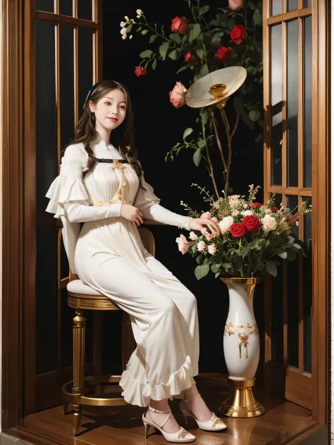 full body portrait or statue、Stained glass、Vigée Leblanc style、math、astronomical machine、astronaut、roses in vase、fruits、Cute trinkets、smile、ancient greek costume、Sandro Botticelli paintings、Costume that stretches your body 